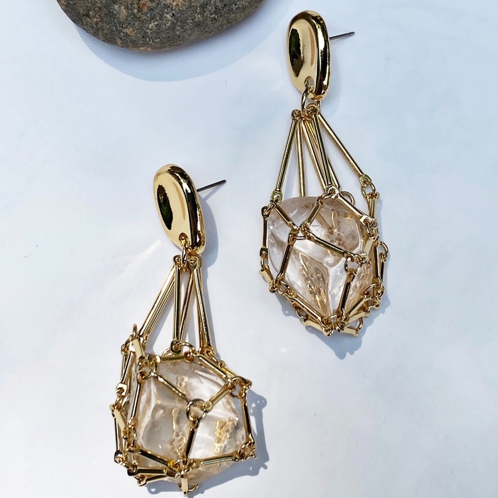 NEW Gold & Crystal Cage Drop Earrings - Picture 6 of 10